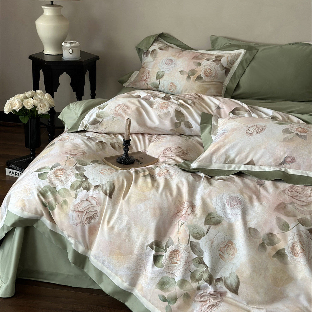 Top view of rose garden duvet cover set in green with floral print