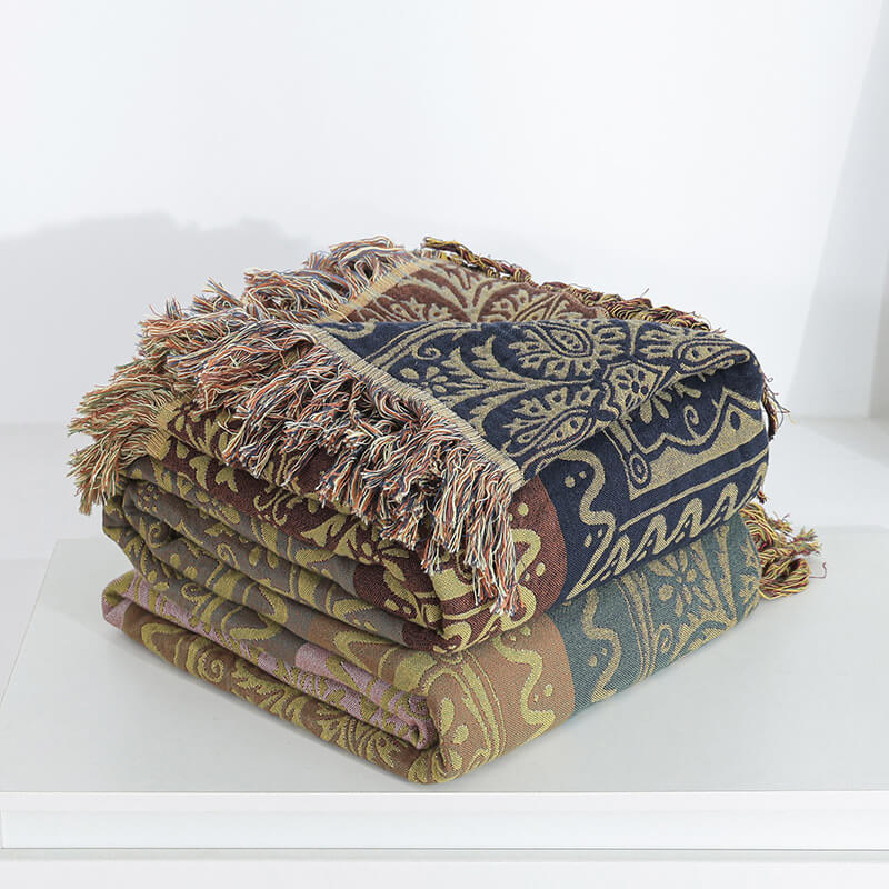 Cotton Jacquard Throw Blanket with Fringe - StuffedHome