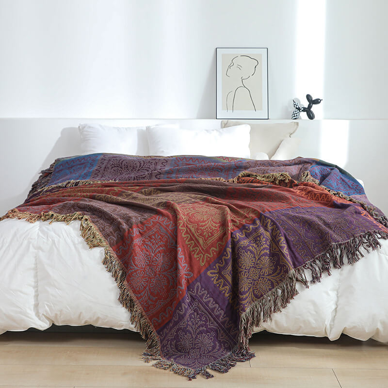Cotton Jacquard Throw Blanket with Fringe - StuffedHome