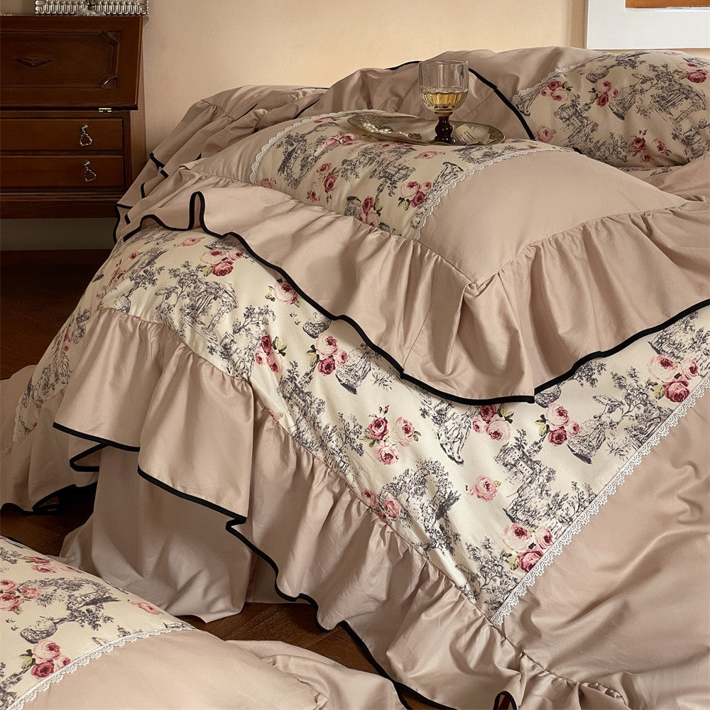 Close-up of long-staple cotton fabric and delicate rose print pattern