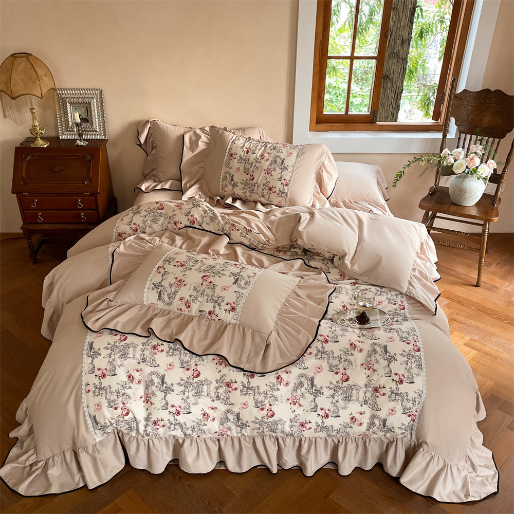 Toile rose ruffle bedding set in blush pink with romantic floral panels