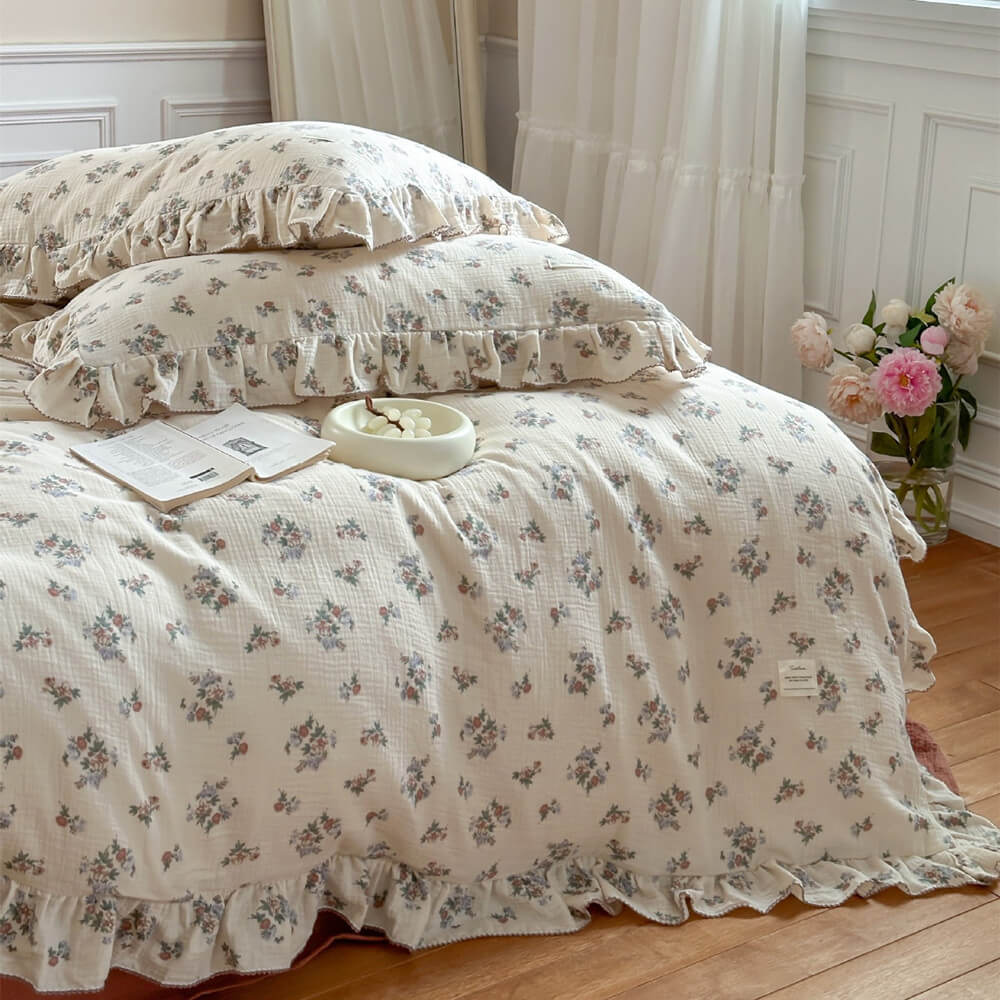 Cottagecore Floral Ruffled Cotton Duvet Cover Set on a bed