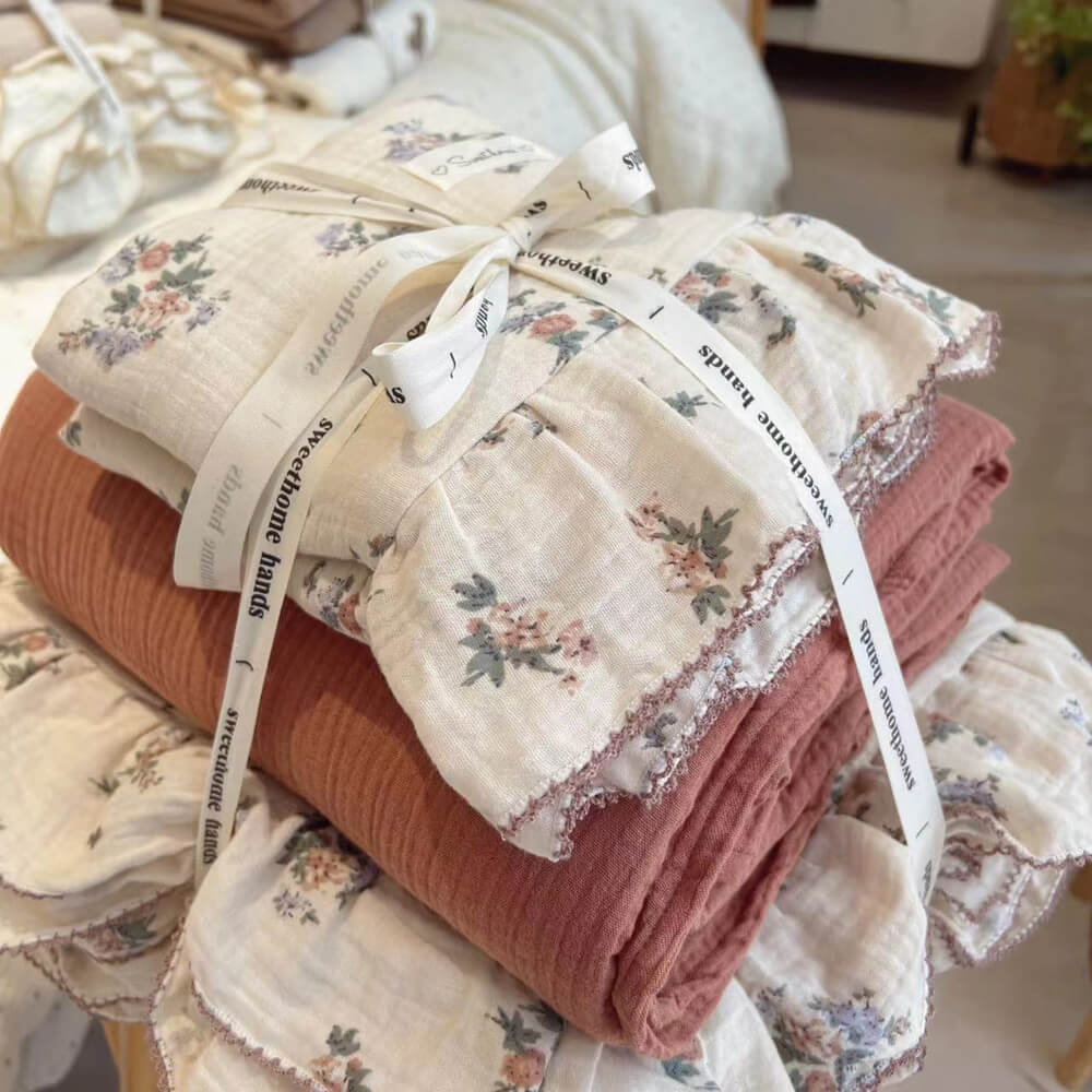 Cottagecore Floral Ruffled Cotton Duvet Cover Set on a stool
