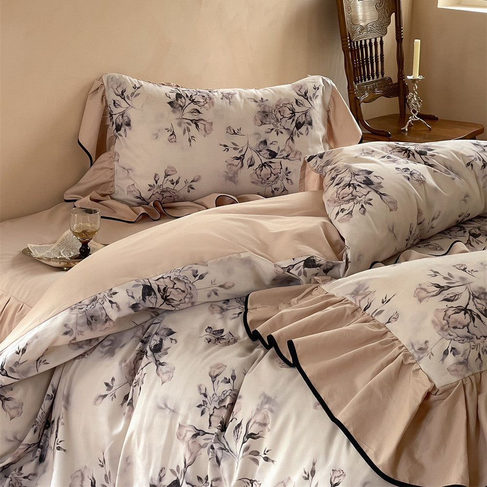 Close-up of brushed long-staple cotton fabric with elegant floral print