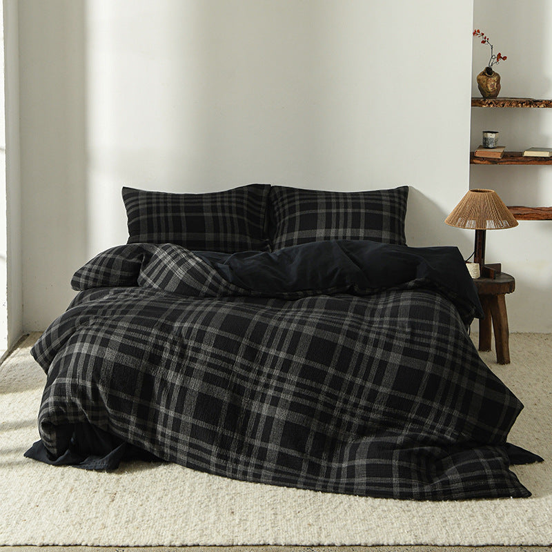 Black Plaid Cotton Muslin Bedding Set