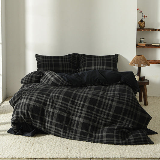 Black Plaid Cotton Muslin Bedding Set