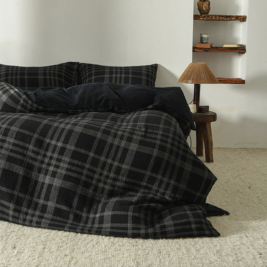 Black Plaid Cotton Muslin Bedding Set