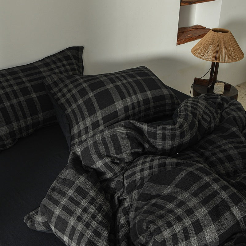 Black Plaid Cotton Muslin Bedding Set