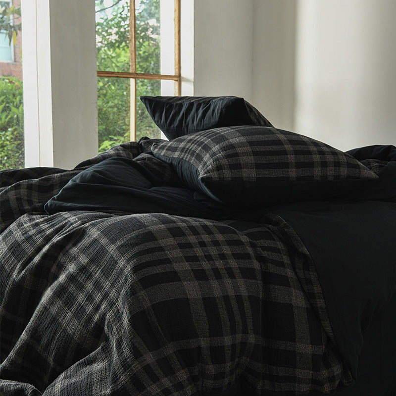 Black Plaid Cotton Muslin Bedding Set