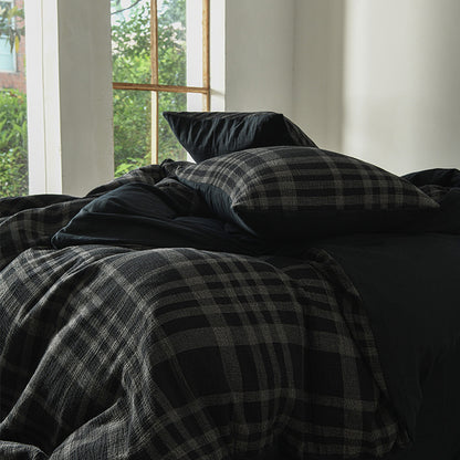 Black Plaid Cotton Muslin Bedding Set