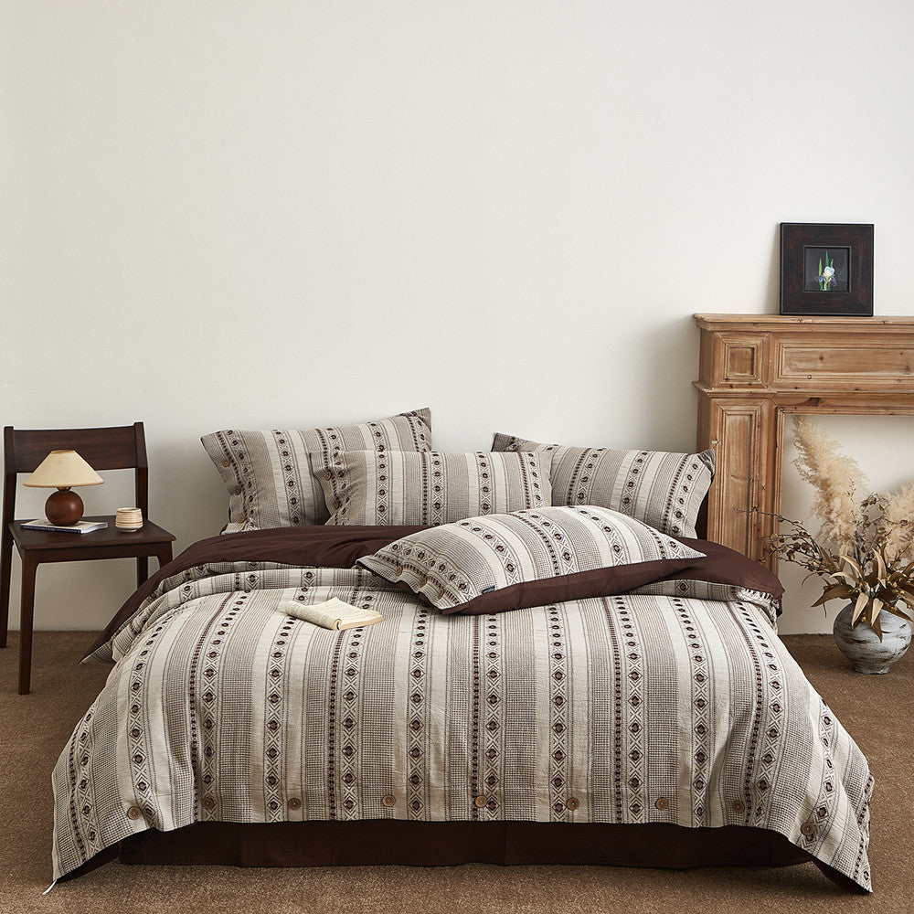 Boho cotton jacquard bedding set with geometric patterns in a cozy bedroom setting