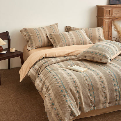 Boho cotton jacquard bedding set with geometric patterns in a cozy bedroom setting