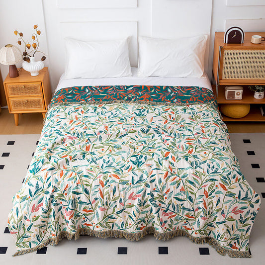 Botanical Leaf Cotton Throw Blanket with Fringe