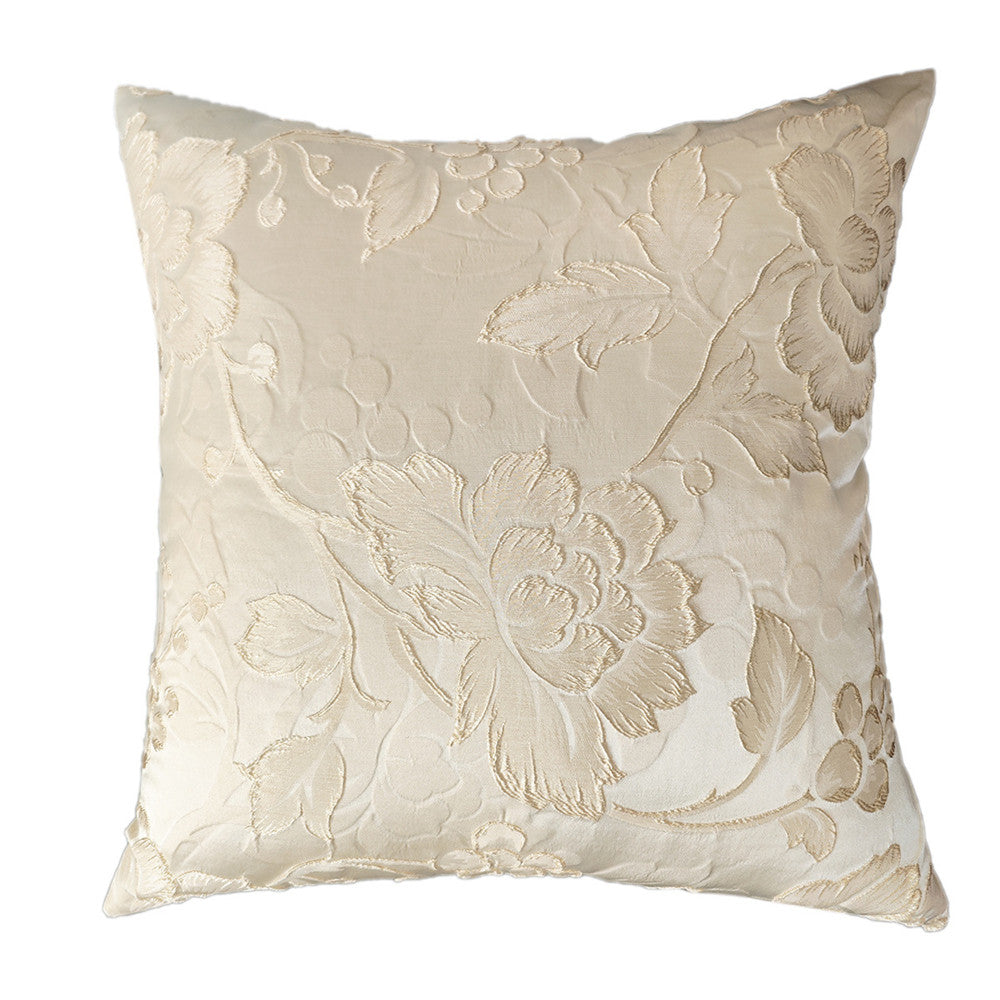 Champagne floral decorative pillow cover with elegant embroidered leaf and flower pattern