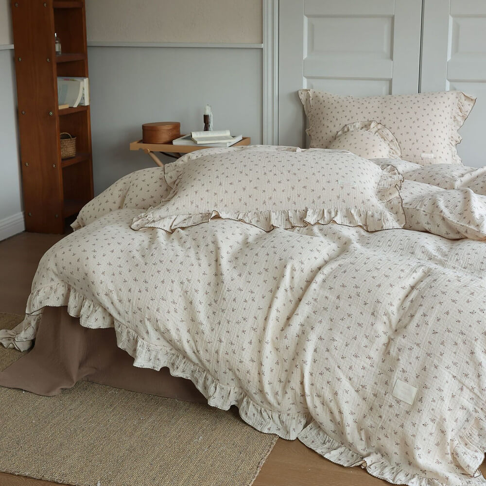 Cottagecore Floral Muslin Duvet Cover – Ruffled Bedding Set