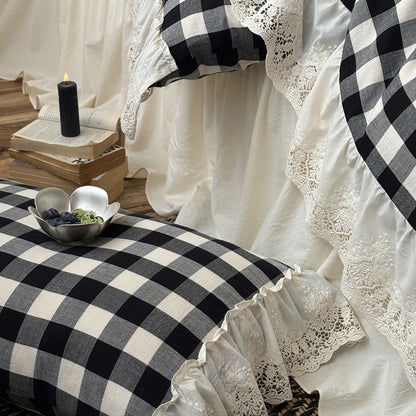 Cottagecore Gingham Cotton Duvet Cover Set with Bed Skirt