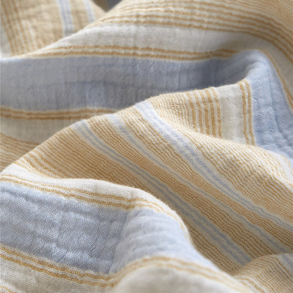 Fabric close-up of the Yellow & Blue 100% Cotton Gauze, detailing the woven yarn-dyed stripes and crinkle texture for the bedding set.