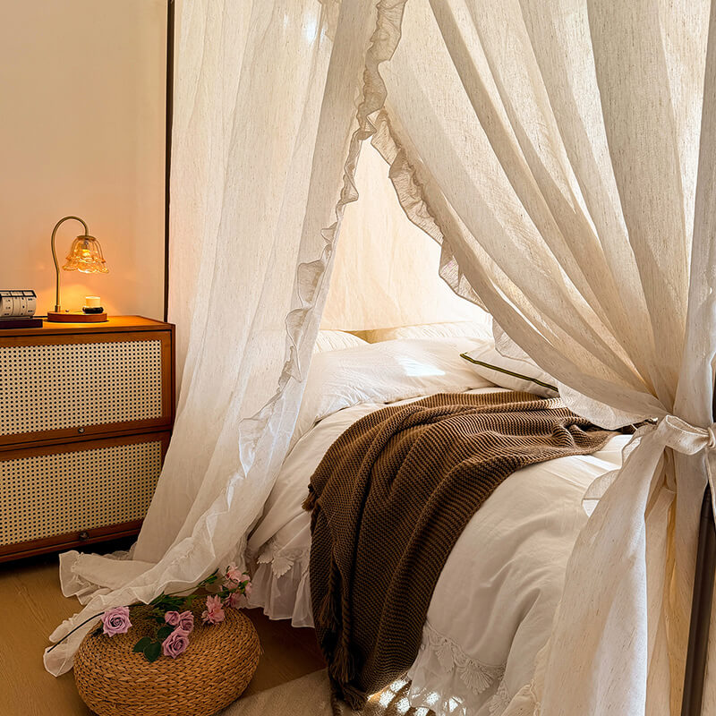 Cotton Linen Bed Canopy with Ruffles – Rustic Mosquito Net