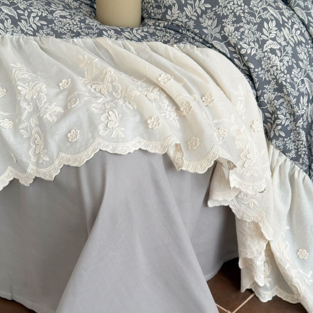 Close-up of ivory eyelet floral embroidery on gray botanical cotton muslin bedding