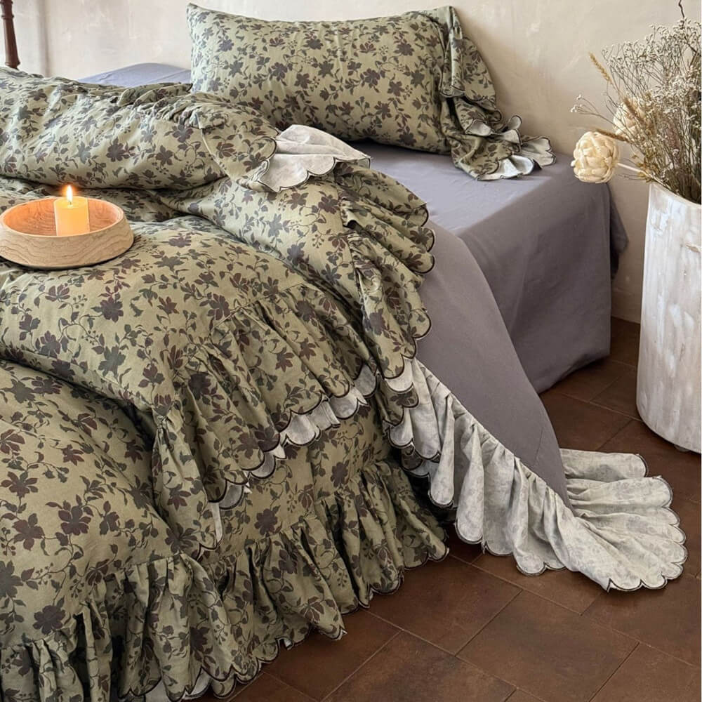 Vintage Rose Ruffle Bedding Set – Cottage Cotton Muslin