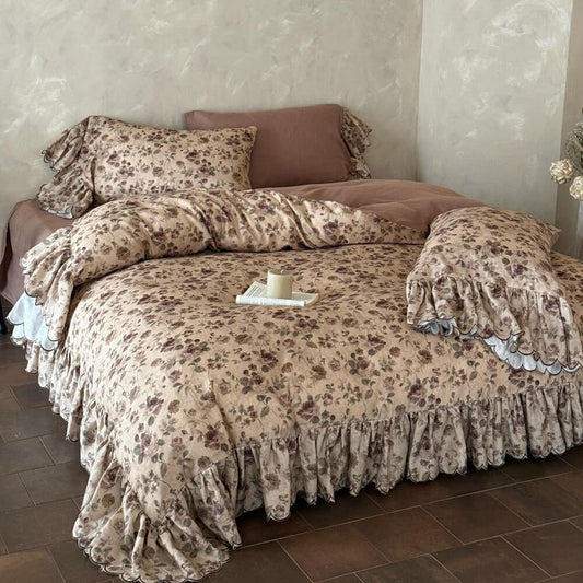 Vintage Rose Ruffle Bedding Set – Cottage Cotton Muslin
