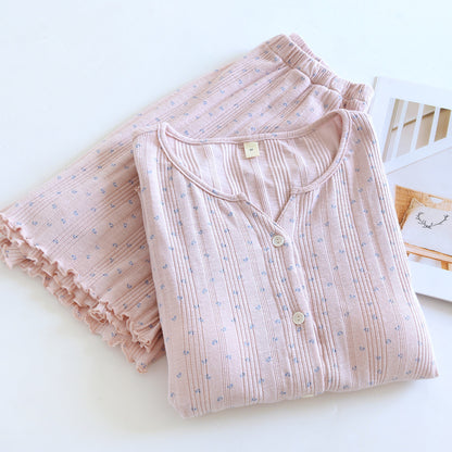 Pink ditsy floral cotton short sleeve pajama set with ruffled shorts and button top