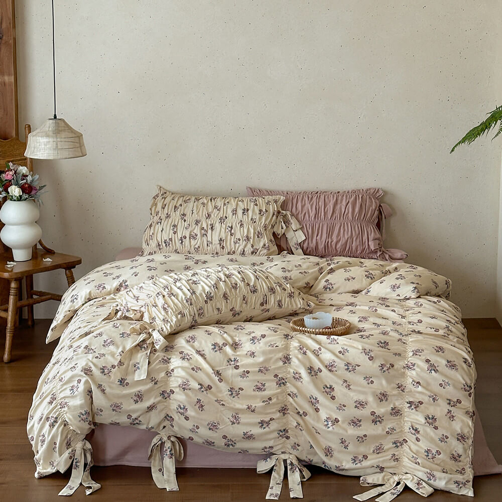 Dusty Floral Cotton Muslin Bedding Set – Ribbon Tie Cottage