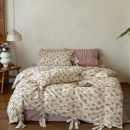 Dusty Floral Cotton Muslin Bedding Set – Ribbon Tie Cottage