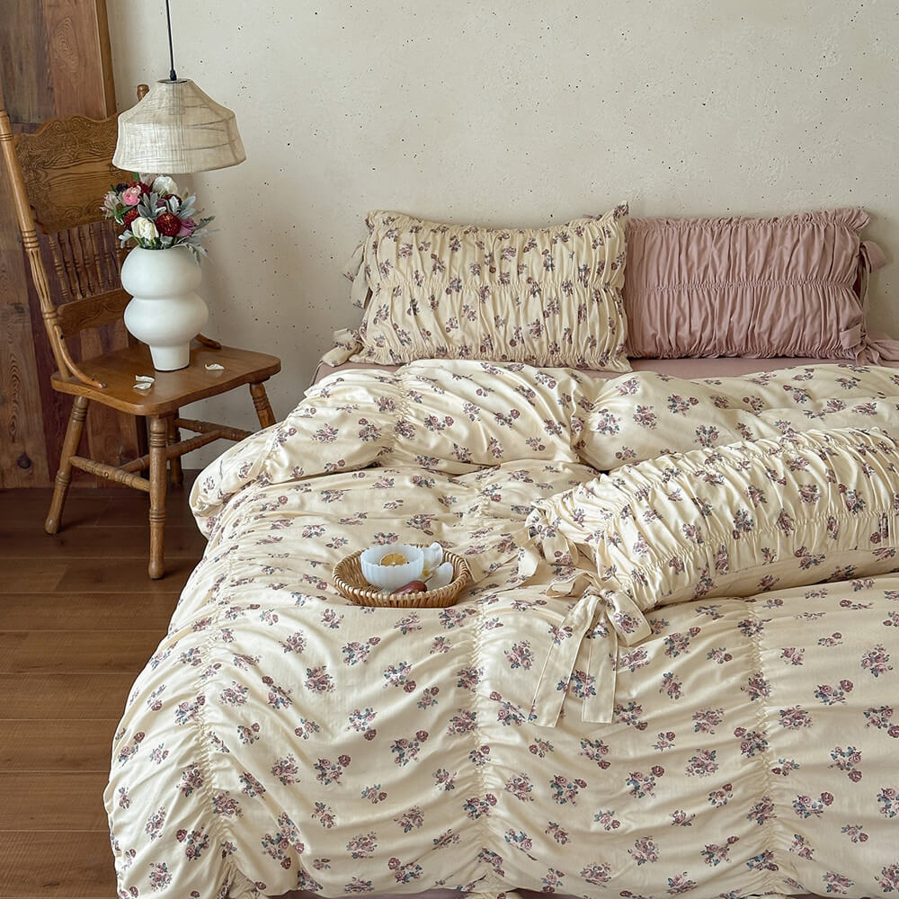 Dusty Floral Cotton Muslin Bedding Set – Ribbon Tie Cottage