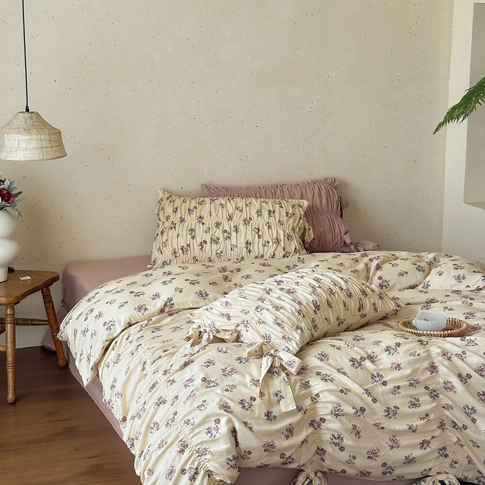 Dusty Floral Cotton Muslin Bedding Set – Ribbon Tie Cottage