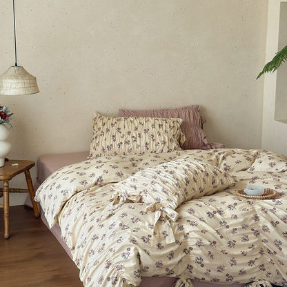 Dusty Floral Cotton Muslin Bedding Set – Ribbon Tie Cottage