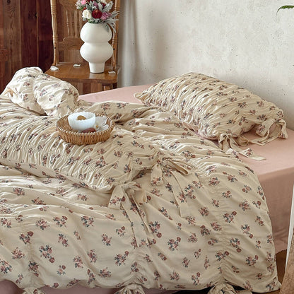 Dusty Floral Cotton Muslin Bedding Set – Ribbon Tie Cottage