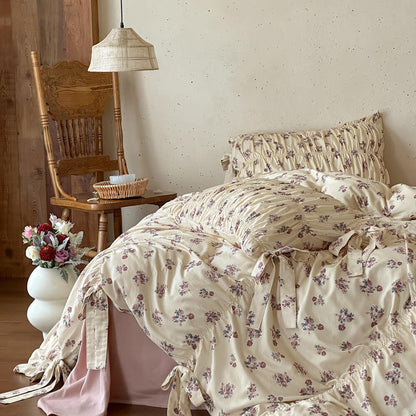 Dusty Floral Cotton Muslin Bedding Set – Ribbon Tie Cottage