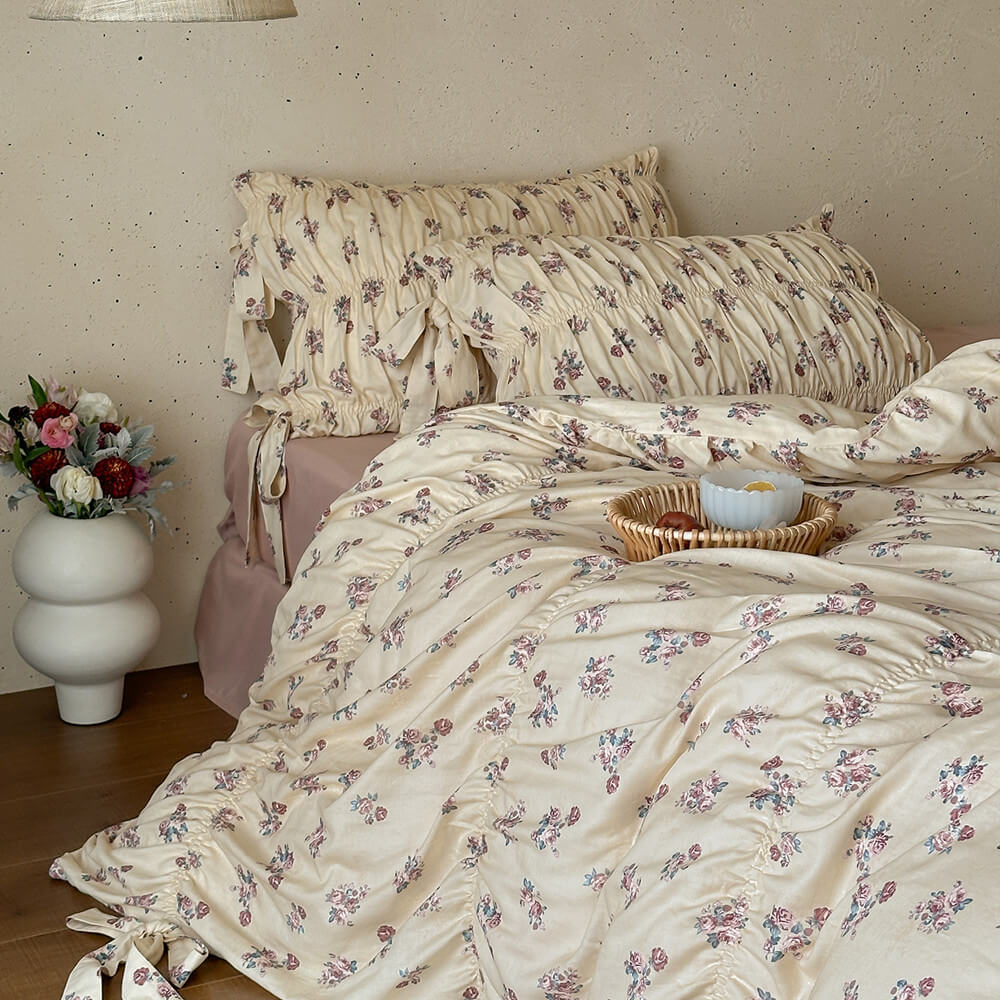 Dusty Floral Cotton Muslin Bedding Set – Ribbon Tie Cottage