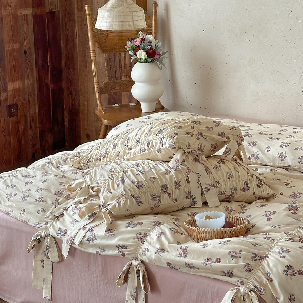Dusty Floral Cotton Muslin Bedding Set – Ribbon Tie Cottage