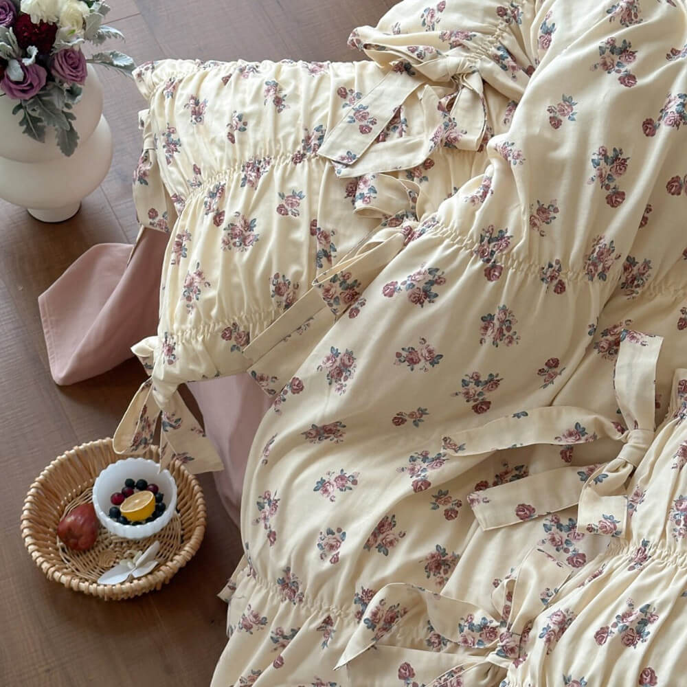 Dusty Floral Cotton Muslin Bedding Set – Ribbon Tie Cottage