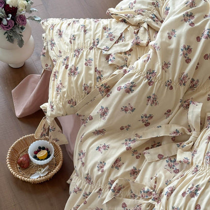 Dusty Floral Cotton Muslin Bedding Set – Ribbon Tie Cottage