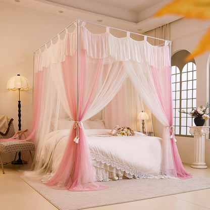 Elegant pink and white canopy bed curtains in a cozy, modern bedroom with soft lighting