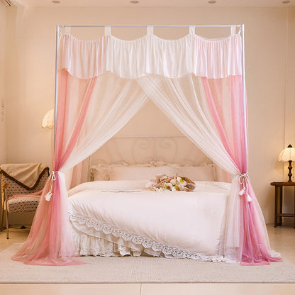 Elegant canopy bed with white and pink sheer curtains in a cozy bedroom, StuffedHome bedding