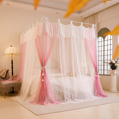 Elegant pink and white canopy bed curtains in a bright, cozy bedroom with luxury bedding