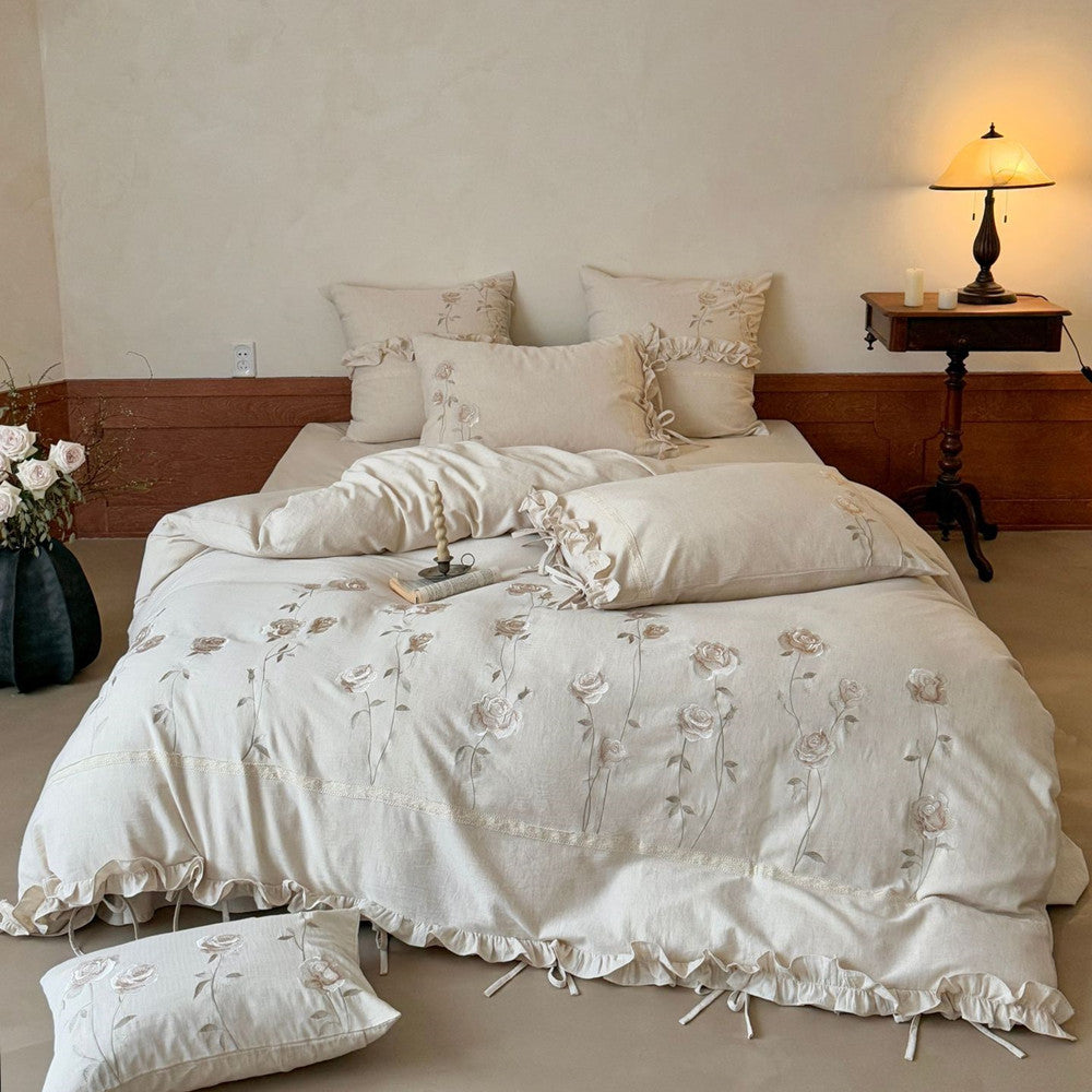 Embroidered Rose Cotton Linen Bedding Set