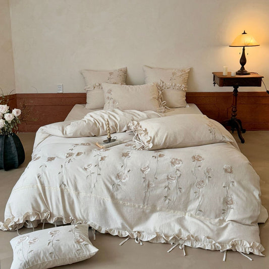 Embroidered Rose Cotton Linen Bedding Set