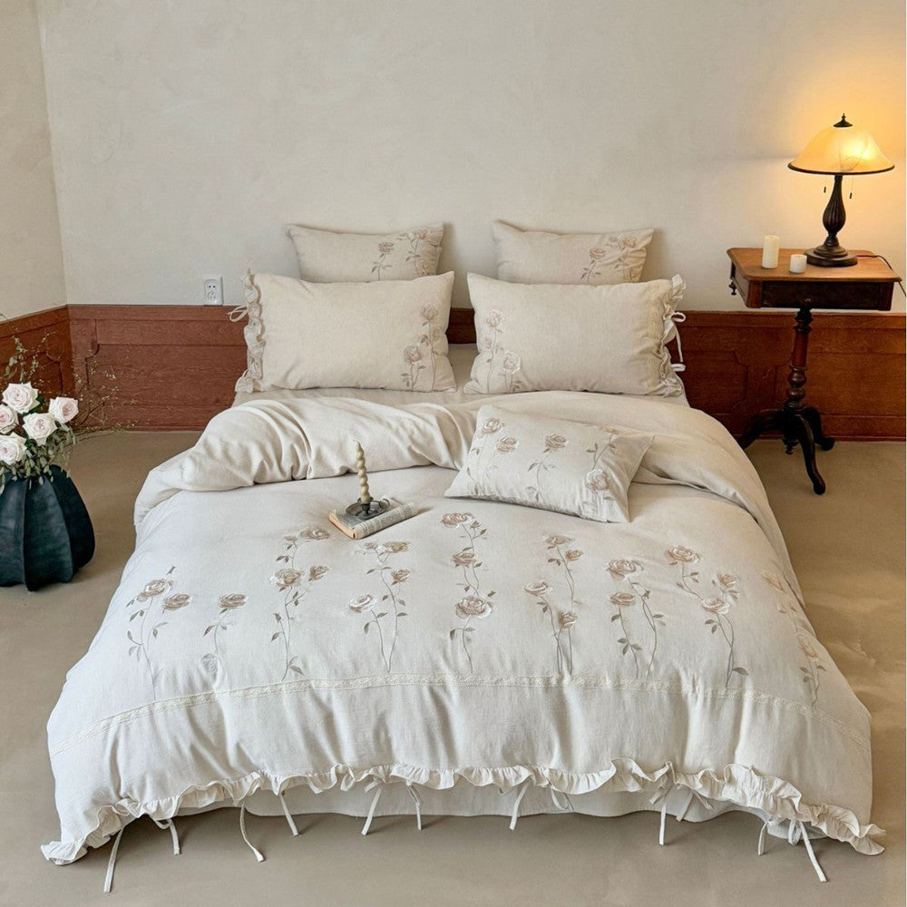 Embroidered Rose Cotton Linen Bedding Set