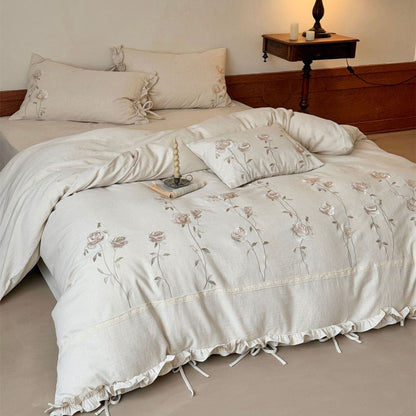 Embroidered Rose Cotton Linen Bedding Set