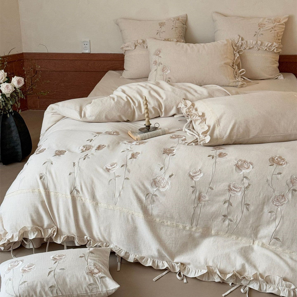Embroidered Rose Cotton Linen Bedding Set