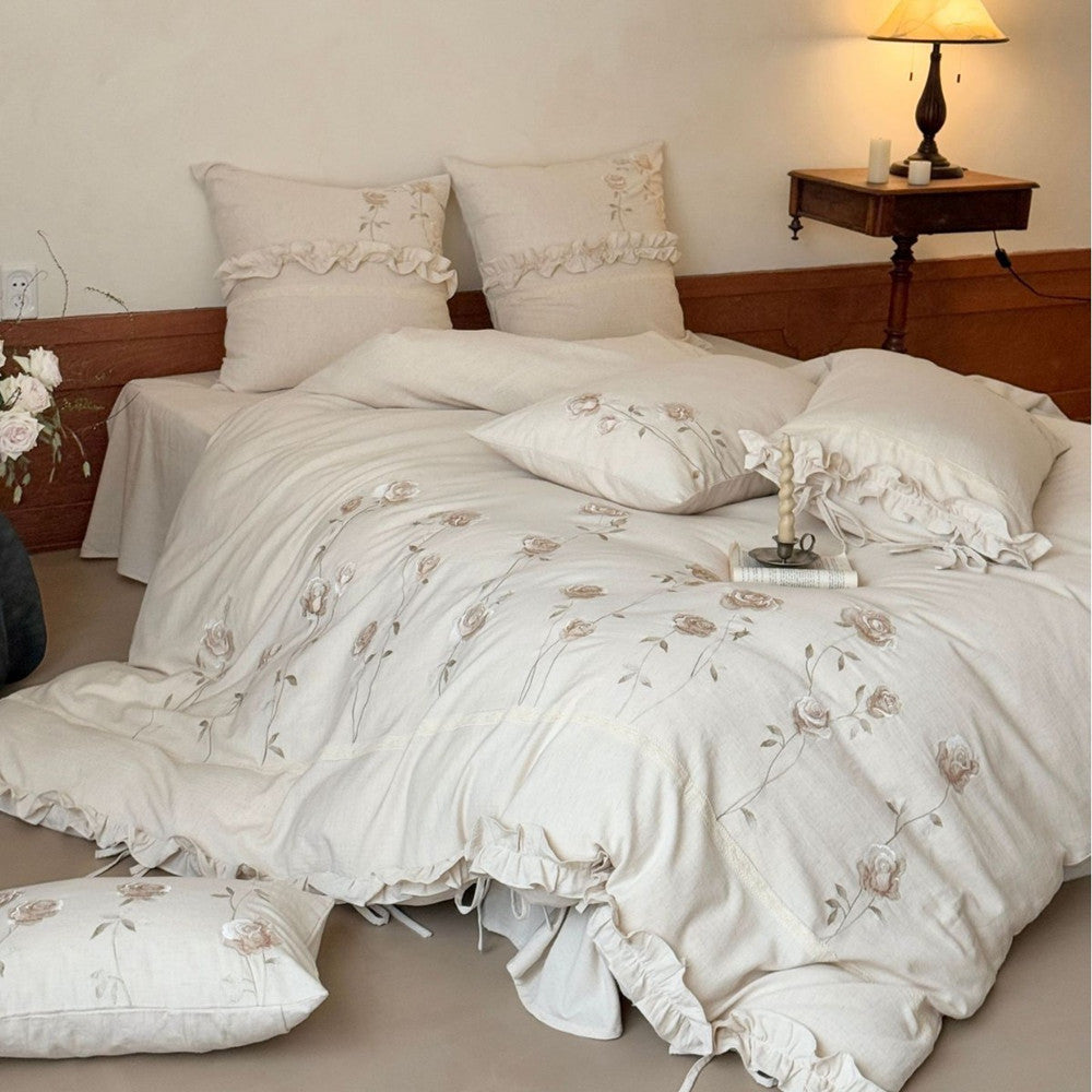 Embroidered Rose Cotton Linen Bedding Set