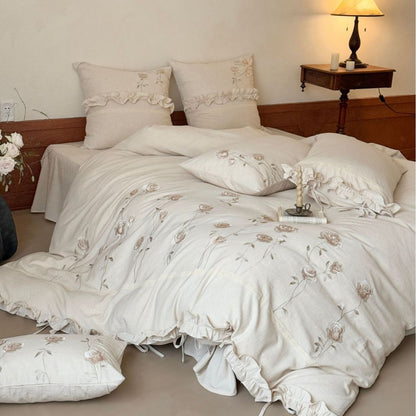 Embroidered Rose Cotton Linen Bedding Set