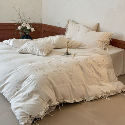 Embroidered Rose Cotton Linen Bedding Set