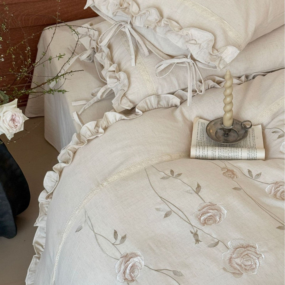 Embroidered Rose Cotton Linen Bedding Set