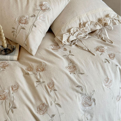 Embroidered Rose Cotton Linen Bedding Set